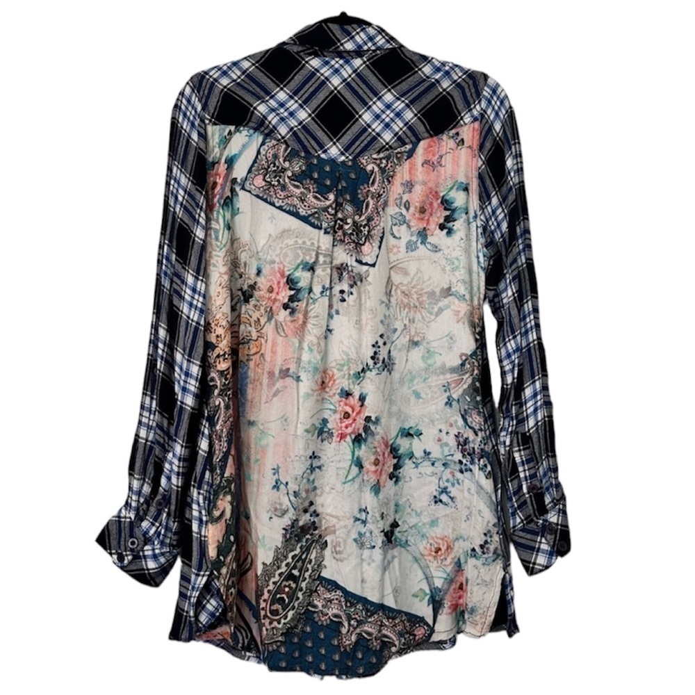 Tolani Collection Plaid Paisley Floral Back Button Down Shirt